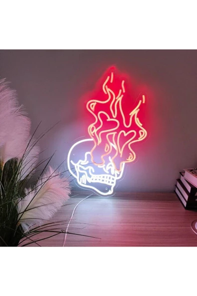 Twins Led Aydınlatma Ateşli Kurukafa Neon Tabela - Resim 2