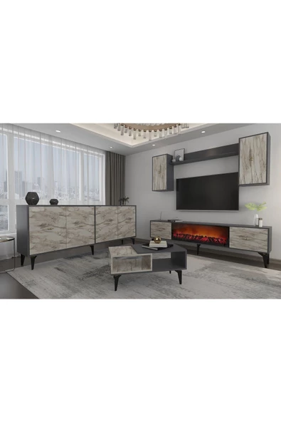 DemonteHome SİNTADH 180 CM ŞÖMİNELİ(B) TV ÜNİTESİ, KONSOL(KX180) ve ORTA SEHPA SALON TAKIMI ANTRASİT EFESMERMER