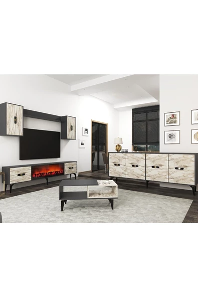 DemonteHome FLYDH 180 CM ŞÖMİNELİ(B) TV ÜNİTESİ, KONSOL(KX180) ve ORTA SEHPA SALON TAKIMI ANTRASİT EFESMERMER