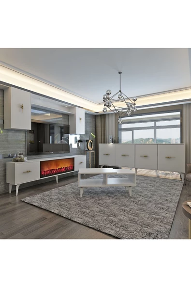 DemonteHome SİNTADH 180 CM ŞÖMİNELİ(B) TV ÜNİTESİ, KONSOL(KX180) ve ORTA SEHPA SALON TAKIMI BEYAZ