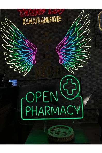 Twins Led Aydınlatma OPEN PHARMACY Yazılı ve Şekilli Neon Tabela - 2