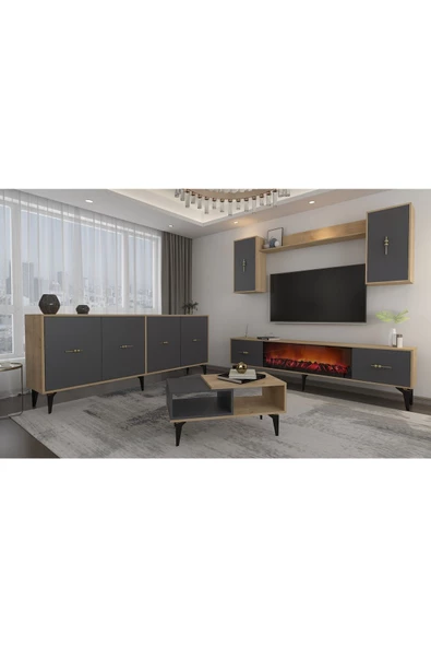 DemonteHome SİNTADH 180 CM ŞÖMİNELİ(B) TV ÜNİTESİ, KONSOL(KX180) ve ORTA SEHPA SALON TAKIMI SAFİRMEŞE ANTRASİT
