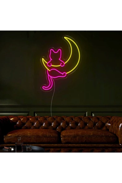 Twins Led Aydınlatma Kedi ve Ay Figürlü Neon Tabela ürün görseli