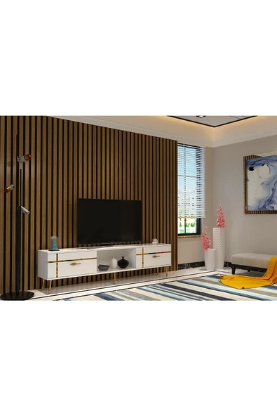 DemonteHome LİNEDH TV SEHPASI BEYAZ ALTIN - 2