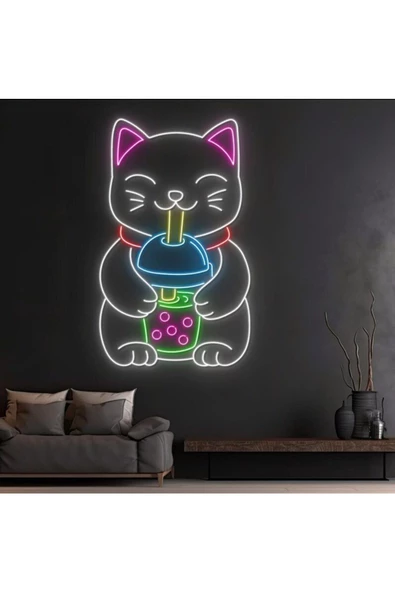 Twins Led Aydınlatma Bubble Tea İçen Kedi Figürlü Neon Tabela