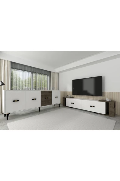 DemonteHome CHERRYDH KONSOL, TV SEHPASI 2'Lİ SALON TAKIMI BEYAZ CEVİZ