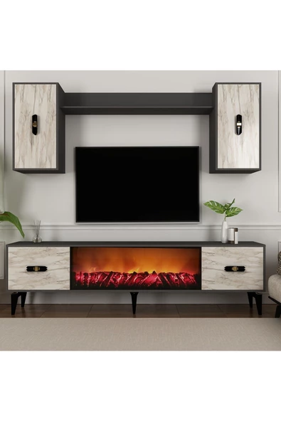 DemonteHome FLYDH 180 CM ŞÖMİNELİ (B) TV ÜNİTESİ TAKIMI ANTRASİT EFESMERMER
