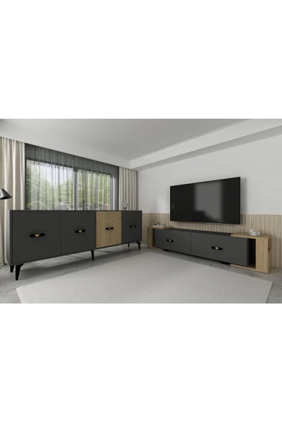 DemonteHome CHERRYDH KONSOL, TV SEHPASI 2'Lİ SALON TAKIMI ANTRASİT SAFİRMEŞE