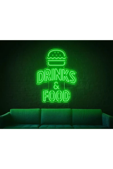 Twins Led Aydınlatma DRINKS & FOOD Yazılı Hamburger Figürlü Neon Tabela