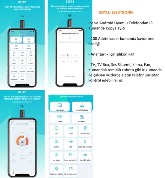 Akıllı Telefon IR Kumanda Kopyalayıcı Adaptörü ios Android Klima TV Kamera Ses Sistemi Kumandası - 3