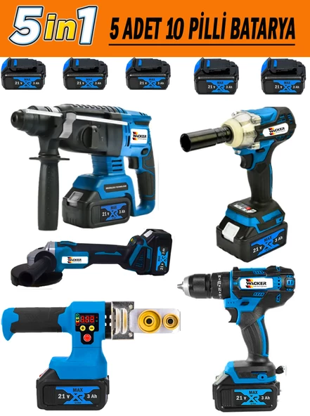 Wacker Pro 5 Bataryalı 5 Li Set W-15M Şarjlı Matkap+Kırıcı Delici+Somun Sıkma+Taşlama+Boru Kaynak Makinesi - 2