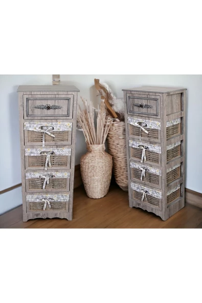 Woodluck Ahşap 5 Çekmeceli Hasır Görünümlü Sebzelik