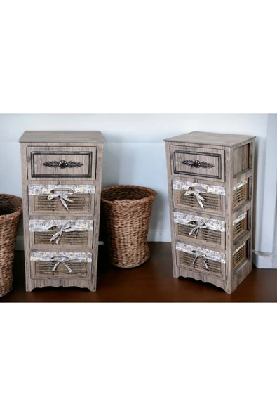 Woodluck Ahşap 4 Çekmeceli Hasır Görünümlü Sebzelik