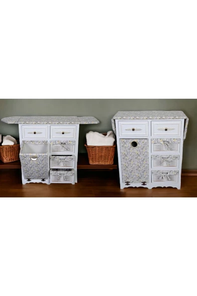 woodluck Ahşap Kirli Sepetli Çekmeceli Dolaplı Ütü Masası