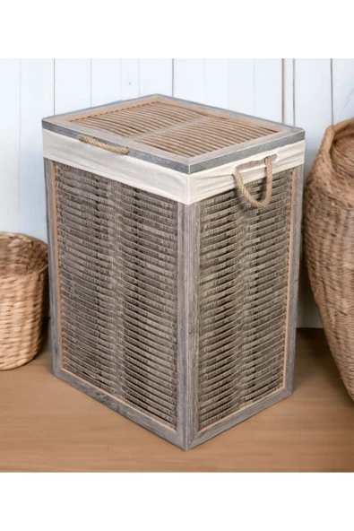 woodluck Ahşap Kirli Çamaşır Sepeti Yıkanabilir Kumaşlı - 2