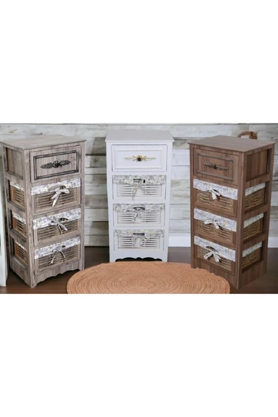 Woodluck Ahşap 4 Çekmeceli Hasır Görünümlü Sebzelik Beyaz - 4