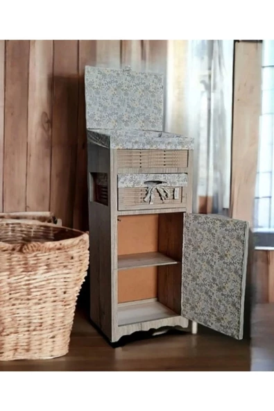 Woodluck Ahşap Ekmek Sepetli Çekmeceli Hasır Görünümlü Kiler Dolabı - 2