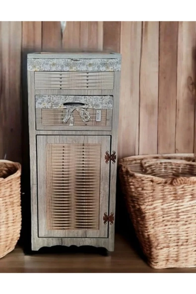 Woodluck Ahşap Ekmek Sepetli Çekmeceli Hasır Görünümlü Kiler Dolabı - 3