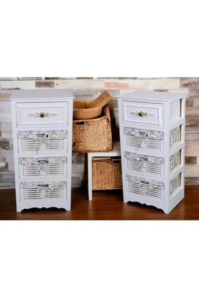 Woodluck Ahşap 4 Çekmeceli Hasır Görünümlü Sebzelik Beyaz - 3