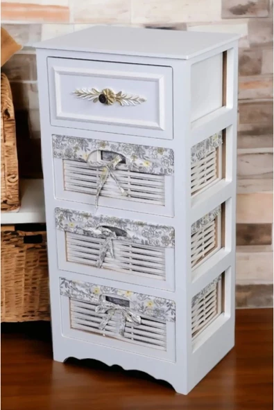 Woodluck Ahşap 4 Çekmeceli Hasır Görünümlü Sebzelik Beyaz - 2