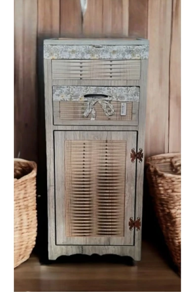 Woodluck Ahşap Ekmek Sepetli Raflı Çekmeceli Kiler Dolabı Rustik