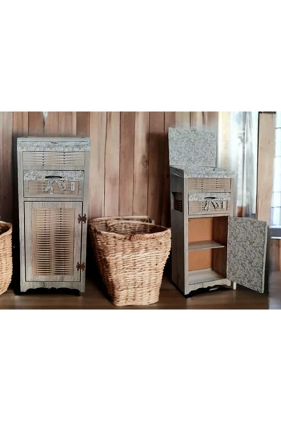 Woodluck Ahşap Ekmek Sepetli Raflı Çekmeceli Kiler Dolabı Rustik - 3