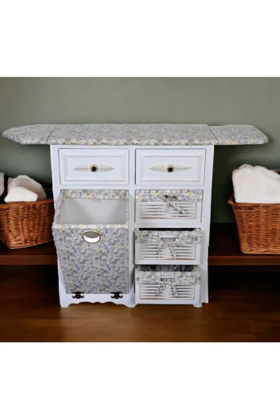 Özkar Woodluck Ahşap Kirli Sepetli Çekmeceli Dolaplı Ütü Masası Beyaz - 2