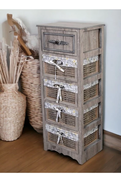 Woodluck Ahşap 5 Çekmeceli Hasır Görünümlü Sebzelik - 2