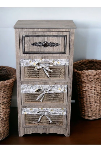 Woodluck Ahşap 4 Çekmeceli Hasır Görünümlü Sebzelik - 3