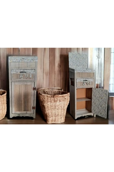 Woodluck Ahşap Ekmek Sepetli Çekmeceli Hasır Görünümlü Kiler Dolabı