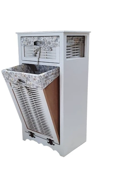 Woodluck Ahşap Kirli Çamaşır Sepetli Çekmeceli Çok Amaçlı Dolap