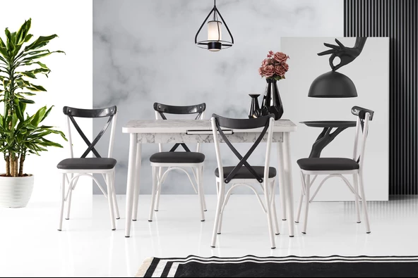 Silva Açılır Masa Beyaz Mermer 4 Adet Çapraz Sandalye Takım