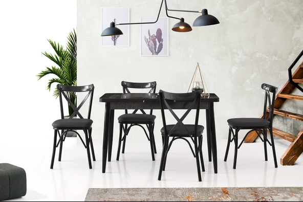 Silva Açılır Masa Siyah Mermer 4 Adet Çapraz Sandalye Takım