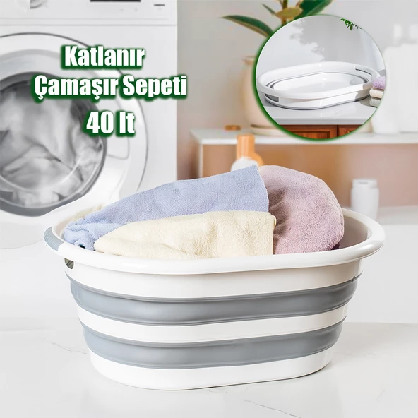 Porsima LA-550 Katlanabilir Çamaşır Sepeti Akordiyon Katlanır Sele Sepet Silikon Çamaşır Sepeti 40lt