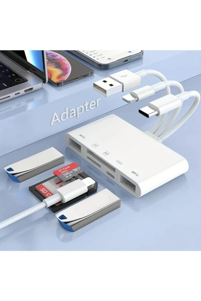 5-in-3 Usb-Type c-Lightning to SD-TF-USB-Hafıza Kartı Okuyucu, Görüntüleyici OTG Kamera Adaptörü - 5
