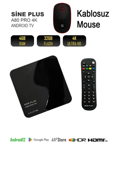 Sine Plus A80 Pro 4GB Hafıza 32GB Depolama Android TV Box (Kablosuz Mouse Hediyeli)