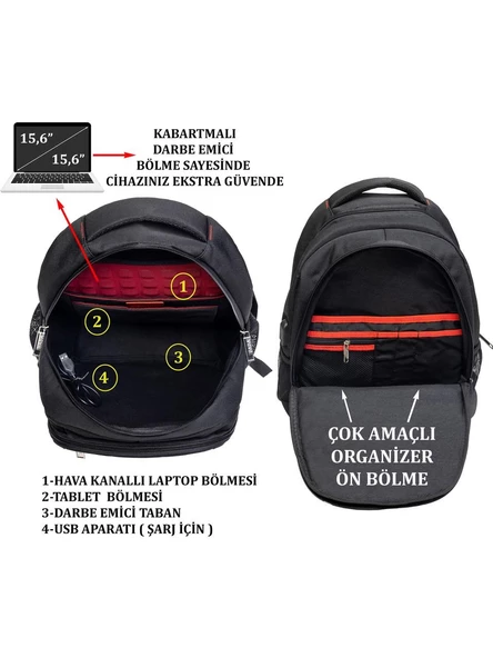 Laptop Sırt Çantası 15.6 İnç Tablet USB Bölmeli 8683255013616 - 4
