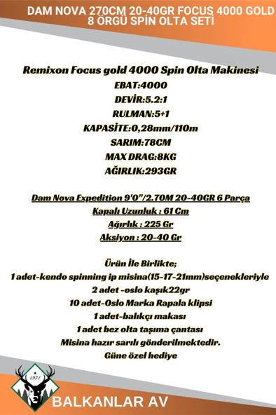 Dam Nova 270cm 20-40gr Focus 4000 GOLD 8 Örgü Spin Olta Seti - 2