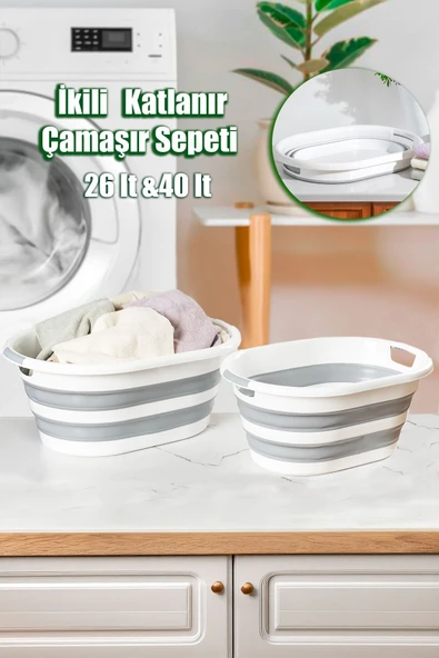 Porsima LA-550 2 li Katlanabilir Çamaşır Sepeti Akordiyon Katlanır Sele Sepet Silikon Çamaşır Sepeti ürün görseli 1