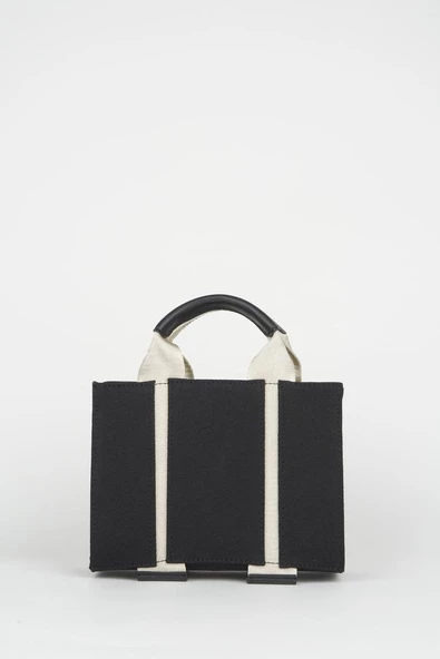 Kanvas Siyah Krem Detaylı Astarlı Fermuar Kapama Omuz Çantası - Resim 6