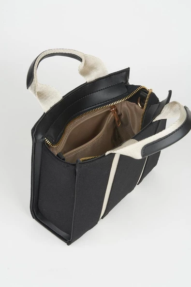 Kanvas Siyah Krem Detaylı Astarlı Fermuar Kapama Omuz Çantası - Resim 5