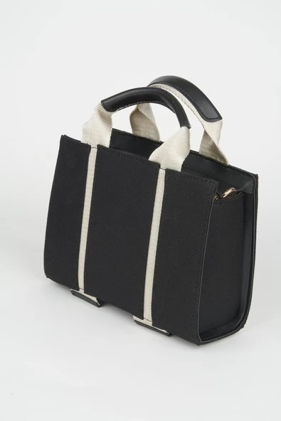 Kanvas Siyah Krem Detaylı Astarlı Fermuar Kapama Omuz Çantası - Resim 4