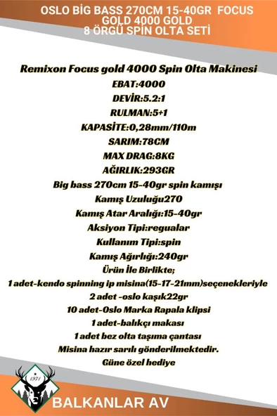 Oslo Big Bass 270cm 15-40gr Focus 4000 RED 8 Örgü Spin Olta Seti - Resim 2