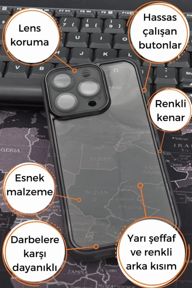 iPhone 14 Pro Uyumlu Siyah Kenarlı Renkli Yarı Şeffaf Kapak Kılıf Kamera Lens Korumalı - Resim 7