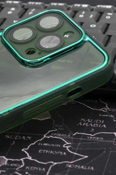 iPhone 13 Pro Max Uyumlu Yeşil Kenarlı Renkli Yarı Şeffaf Kapak Kılıf Kamera Lens Korumalı - Resim 3