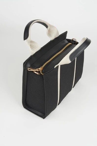 Kanvas Siyah Krem Detaylı Astarlı Fermuar Kapama Omuz Çantası - Resim 3