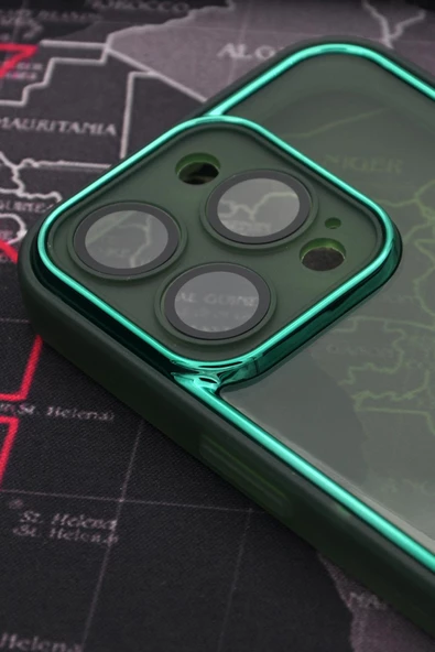 iPhone 13 Pro Uyumlu Yeşil Kenarlı Renkli Yarı Şeffaf Kapak Kılıf Kamera Lens Korumalı - Resim 2