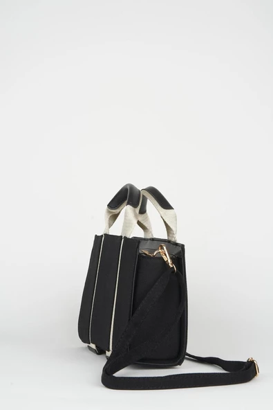 Kanvas Siyah Krem Detaylı Astarlı Fermuar Kapama Omuz Çantası ürün görseli 1