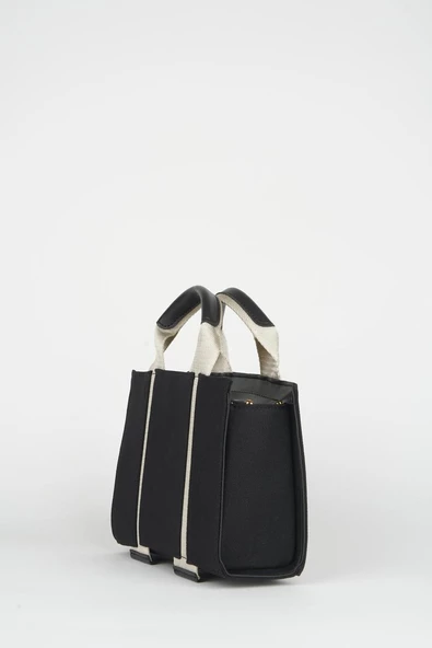 Kanvas Siyah Krem Detaylı Astarlı Fermuar Kapama Omuz Çantası - Resim 2