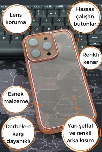 iPhone 13 Pro Max Uyumlu Pembe Kenarlı Renkli Yarı Şeffaf Kapak Kılıf Kamera Lens Korumalı - Resim 7